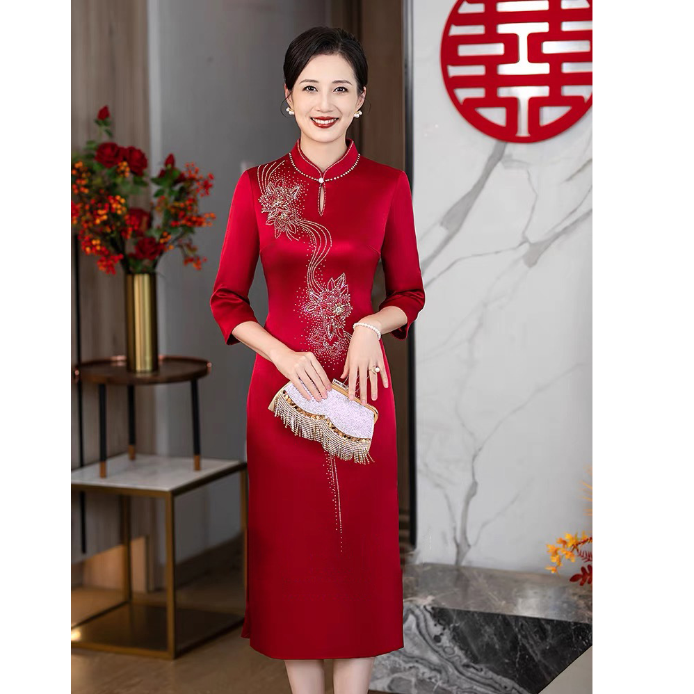 喜婆婆醋酸高档礼服旗袍平时可穿婚礼新娘显瘦夏季薄款红色国风