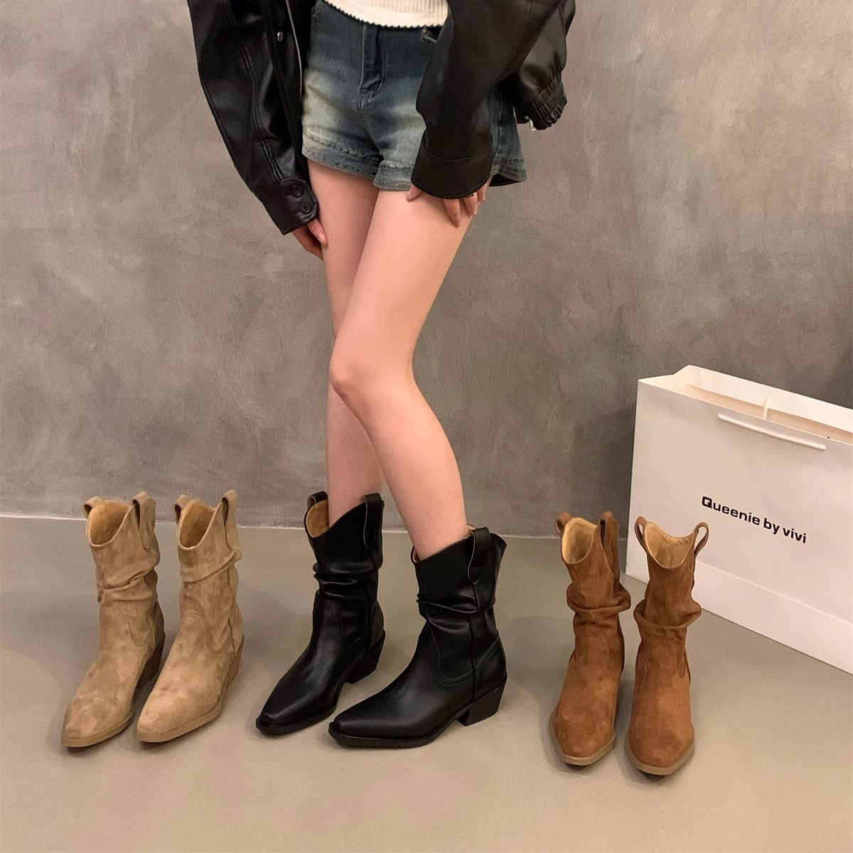 高跟靴复古堆堆靴V口马丁靴女鞋2025秋冬季加绒棕色尖头小短靴子