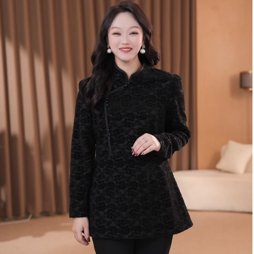苏迷大码秋冬新中式黑色时髦优雅藏肉显瘦旗袍风上衣ZB4931加绒