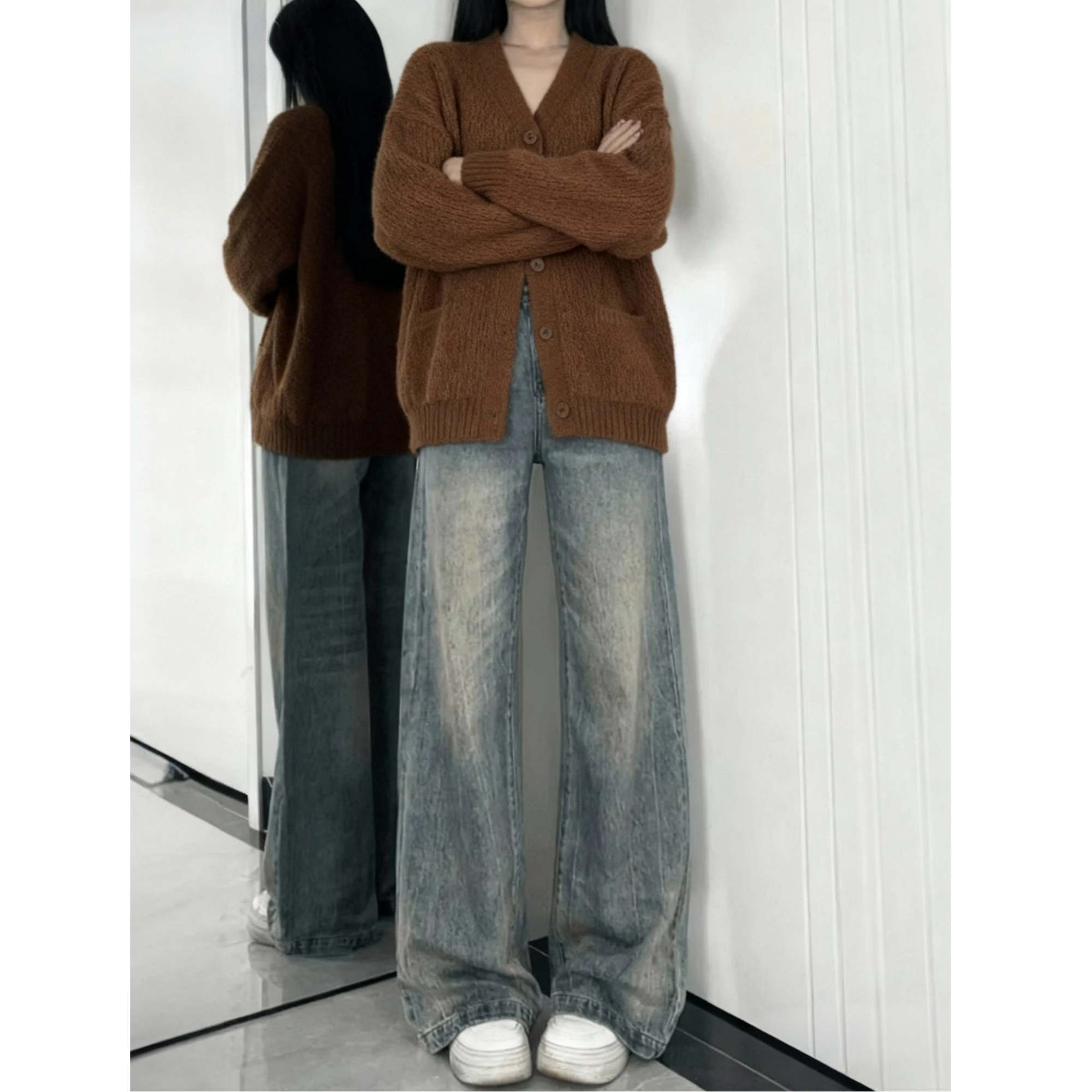 复古蓝直筒牛仔裤女秋冬新款胖妹妹mm高腰宽松显瘦梨型身材阔腿裤