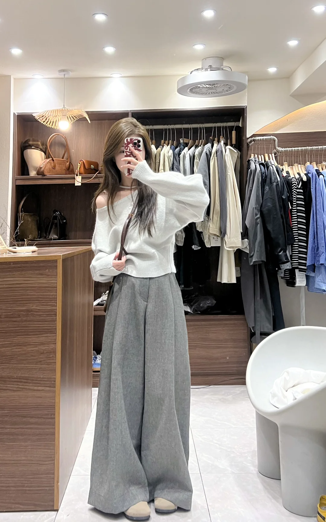 2025秋季新款韩系高级感灰色斜肩毛衣女休闲百搭显瘦阔腿裤两件套