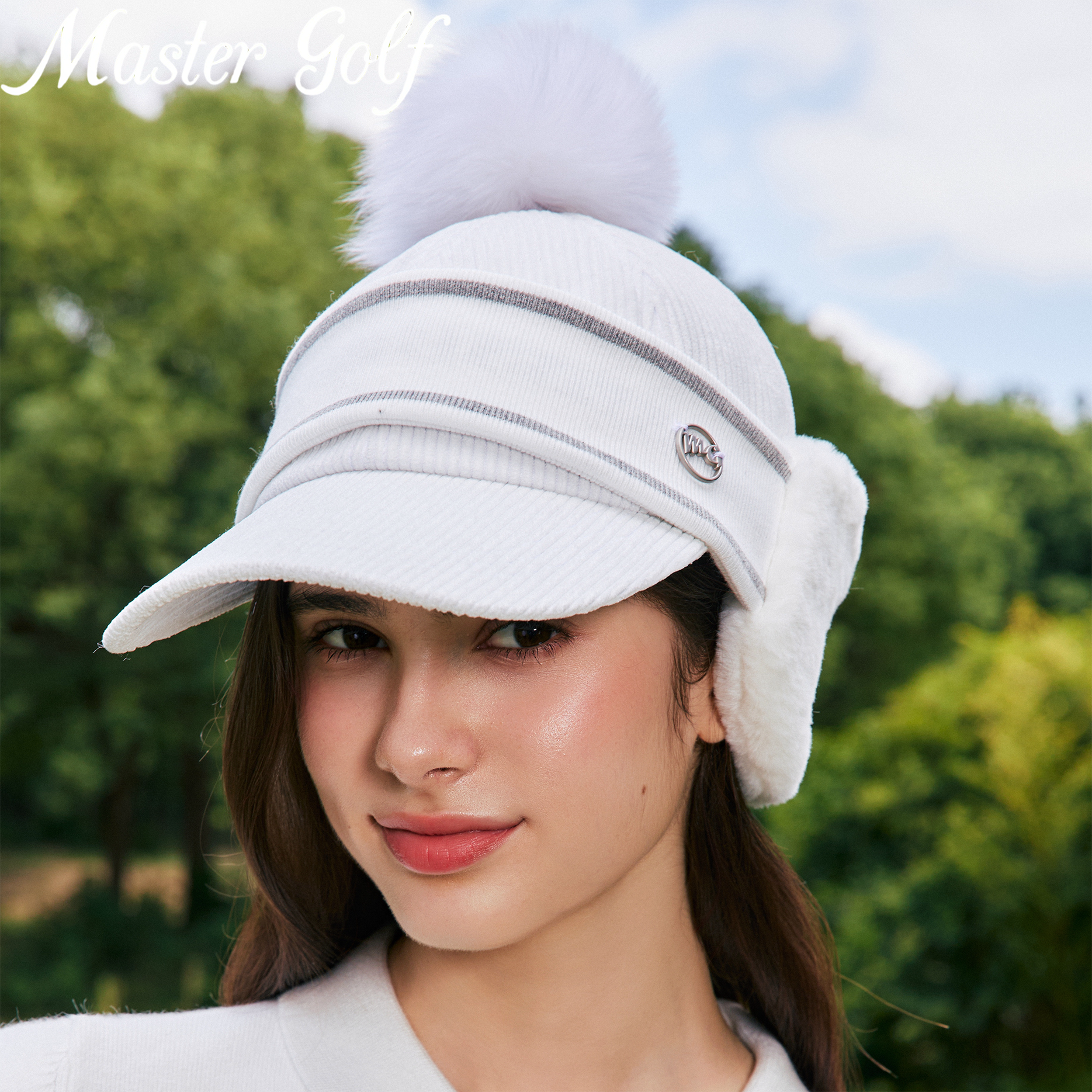 女士秋冬高尔夫球帽防风保暖时尚兔耳朵帽可拆卸抗寒加绒护耳帽