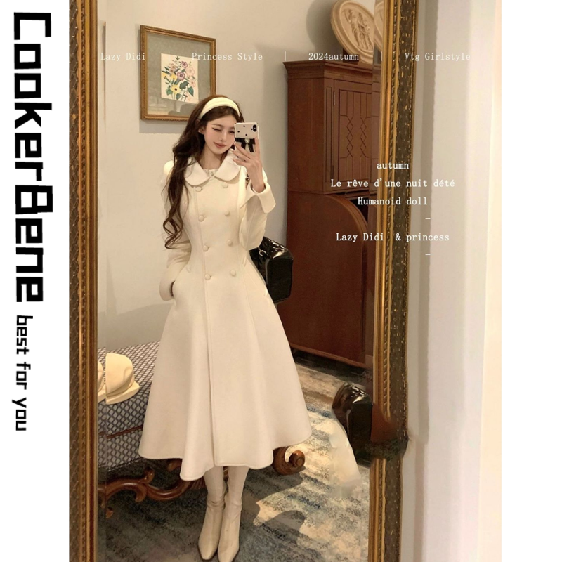 法式赫本风双色长款毛呢大衣女秋冬新款贵气千金气质显瘦呢子外套