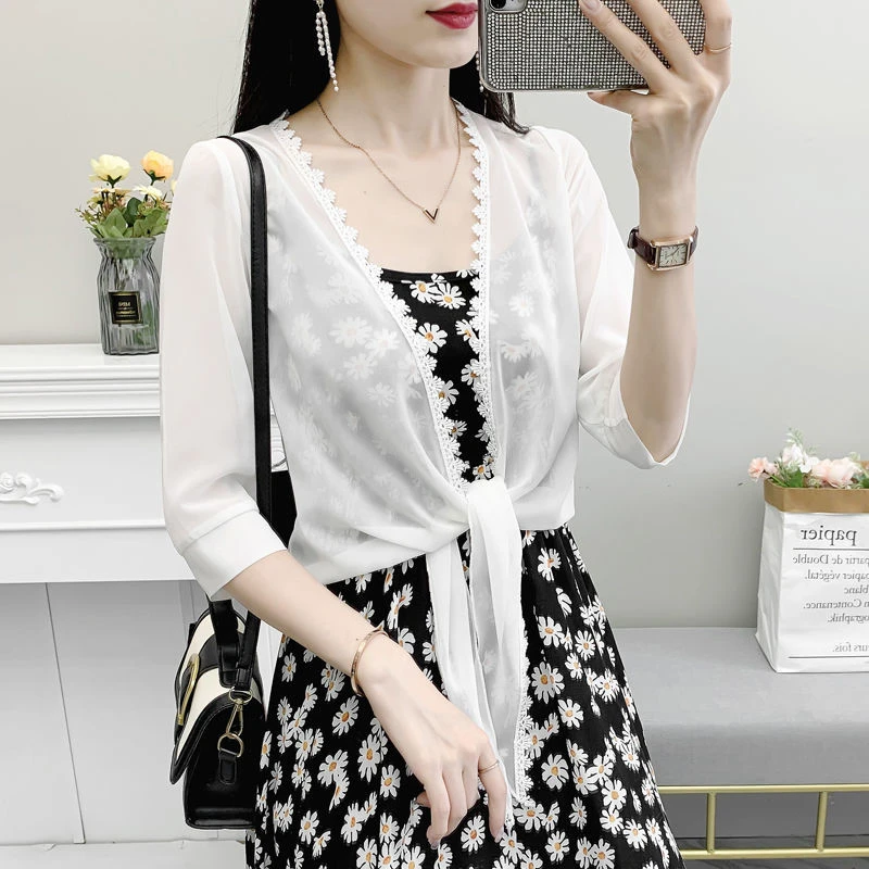 雪纺防晒衣女2025夏季新款花边开衫上衣配吊带裙子短款外搭小披肩