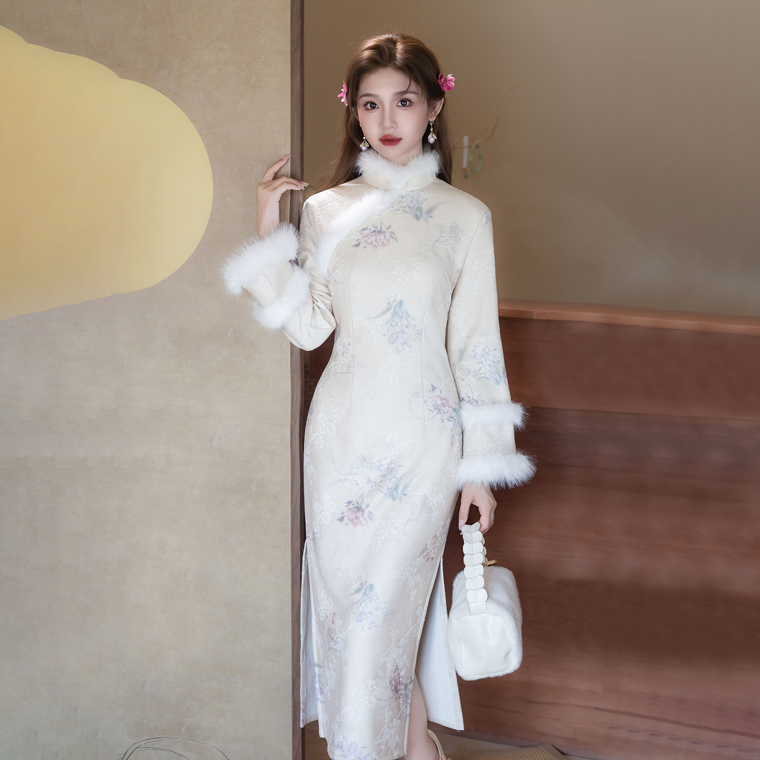 素雅中国风加绒旗袍冬季加厚保暖低开叉立领中长款改良版日常款