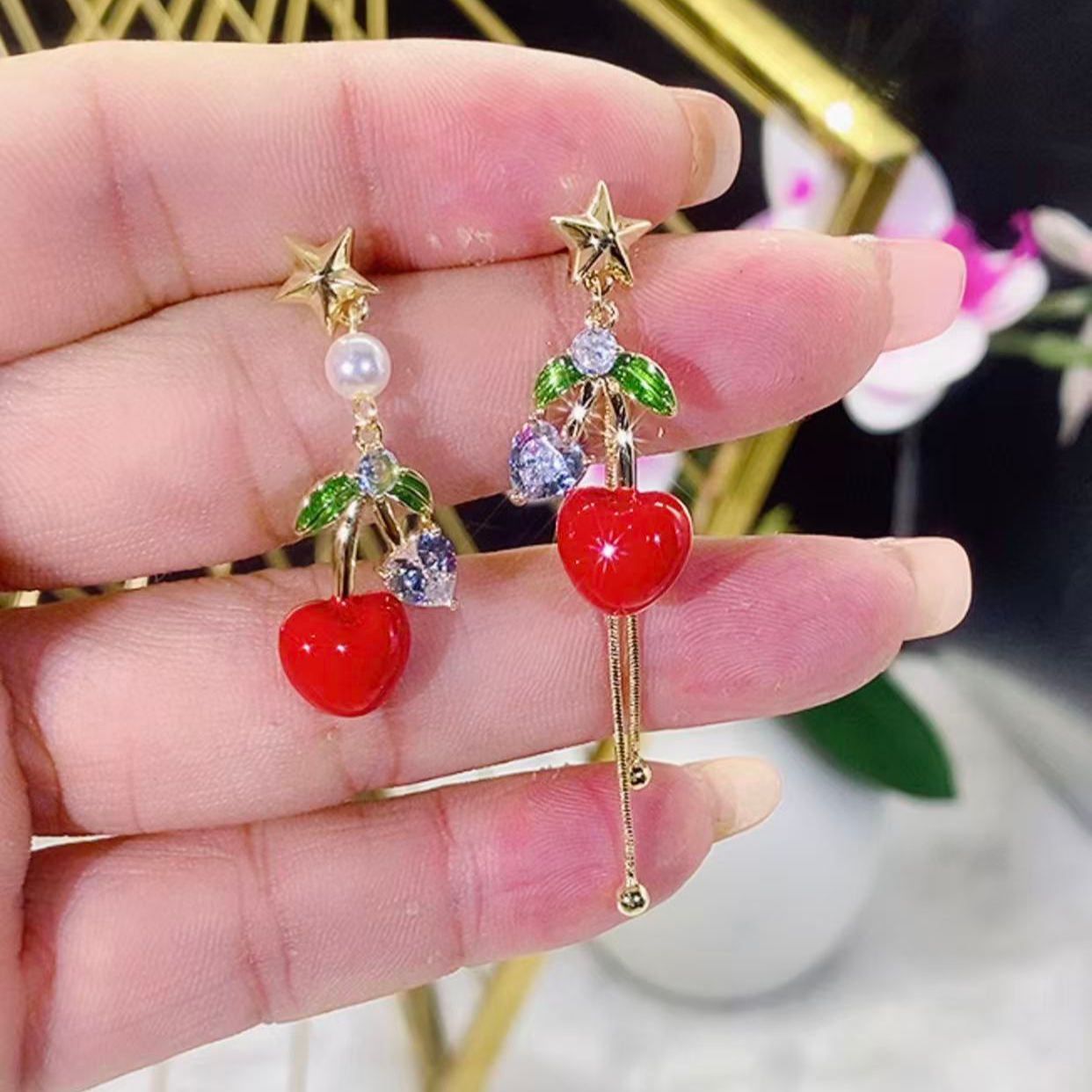铜合金锆石耳饰 （10）925不对称新年樱桃耳饰精致时尚百搭设计耳环