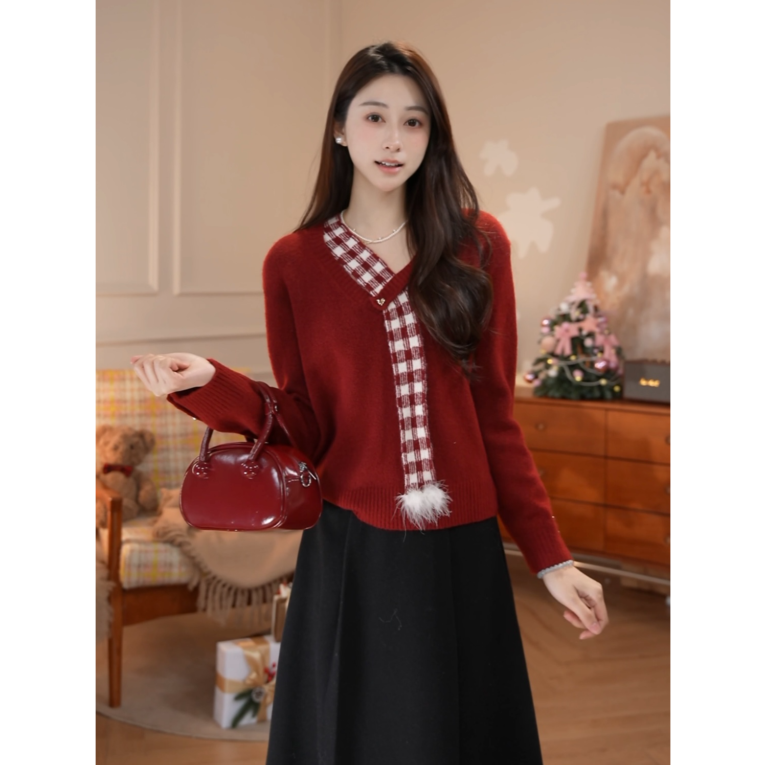 鹿向南「北国雪夜」圣诞跨年氛围设计感红色毛衣女漂亮过年红套装