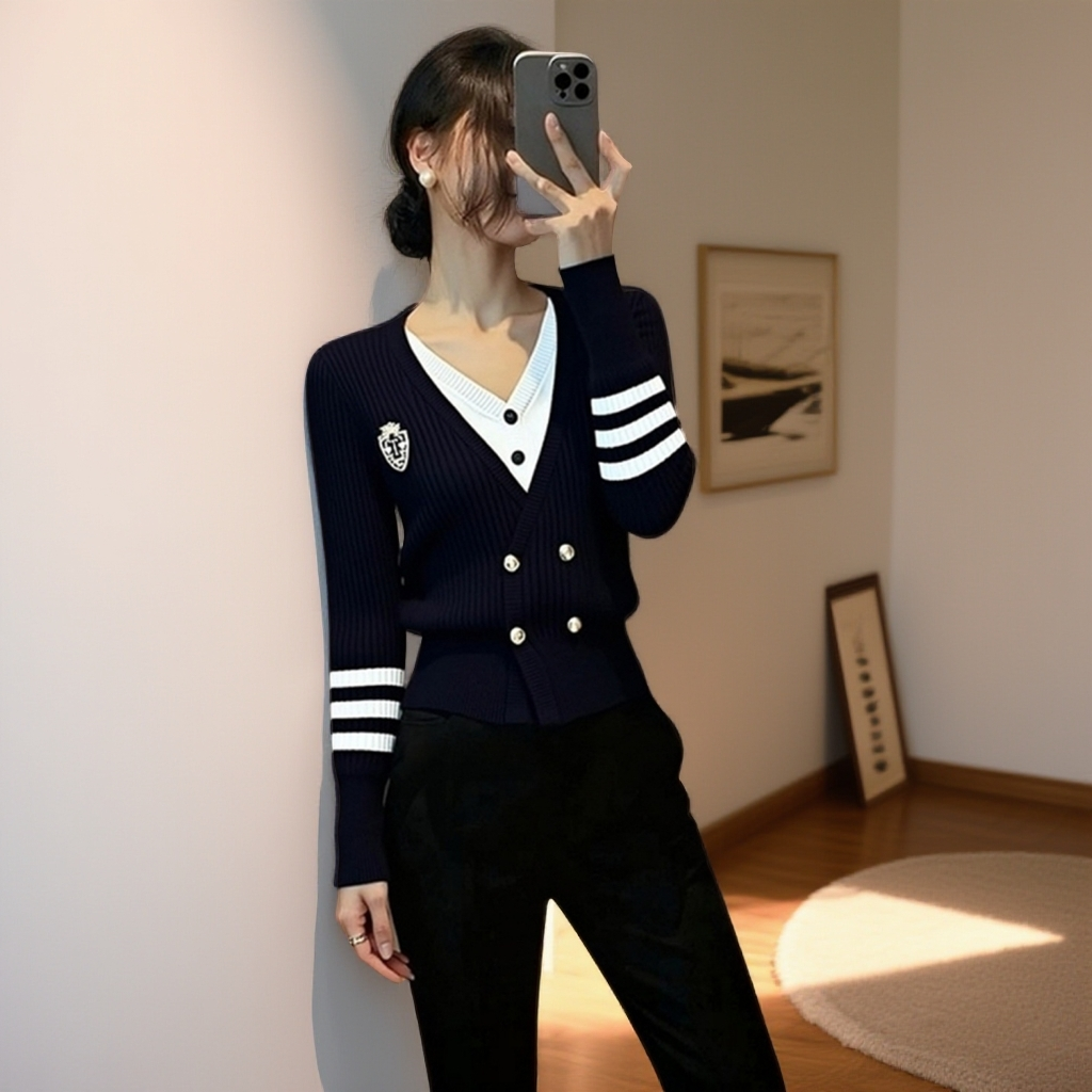 2025新款韩版宽松休闲百搭小香风长袖蓝色打底针织衫女毛衣上衣冬