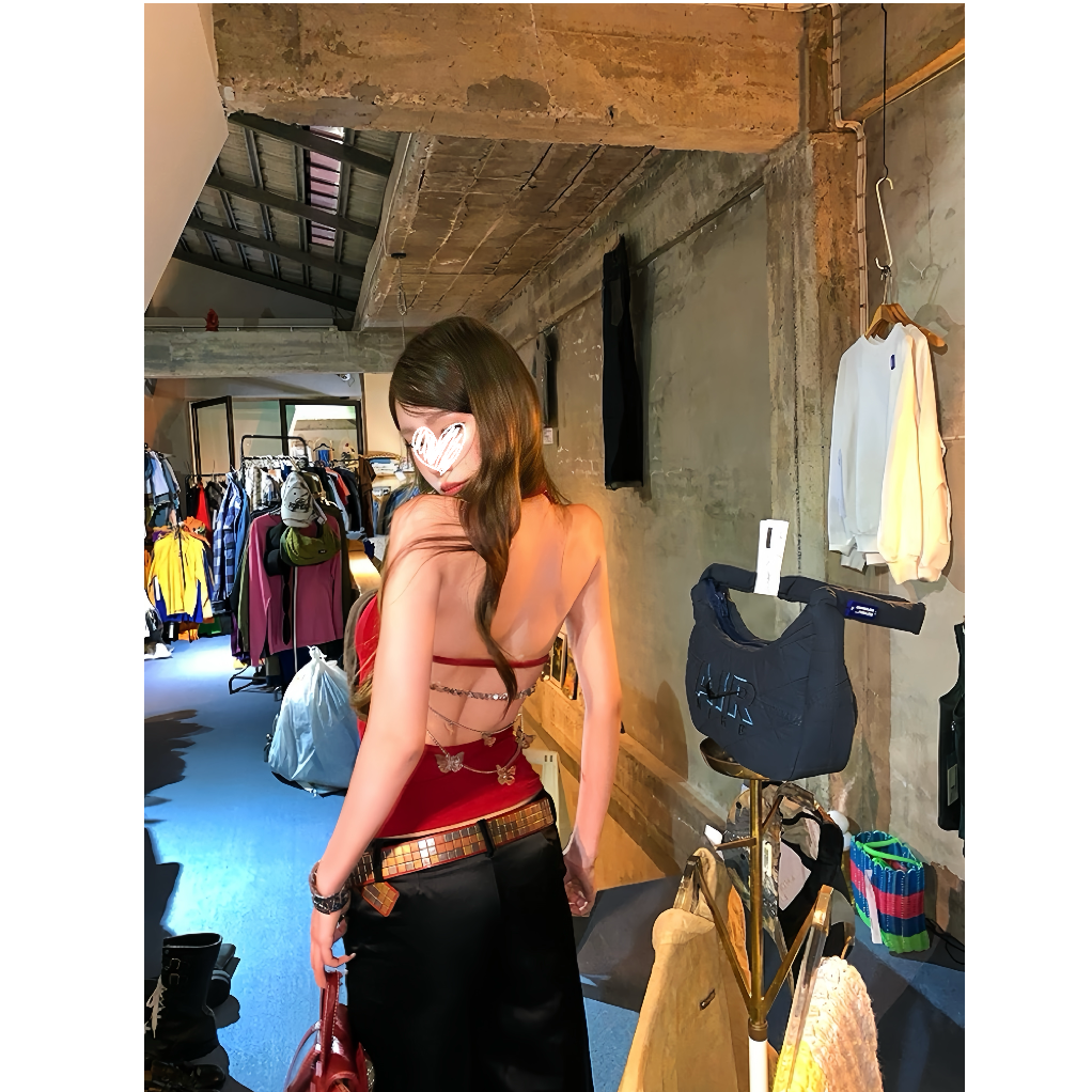 【澳洲野蝶】辣妹露背蝴蝶链条设计感挂脖背心女小心机性感T恤21030