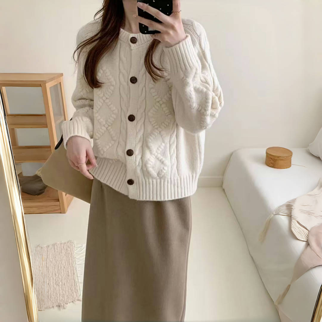 秋冬季纯色毛针织开衫绞八提花气质百搭春秋外穿女装常规款外披女