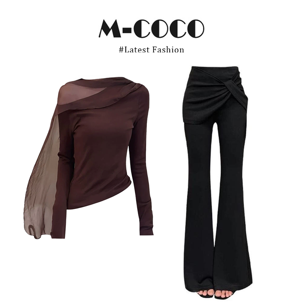 【现货秒发】美拉德斜肩露肩网纱飘带针织衫设计感显瘦微喇裤两件套