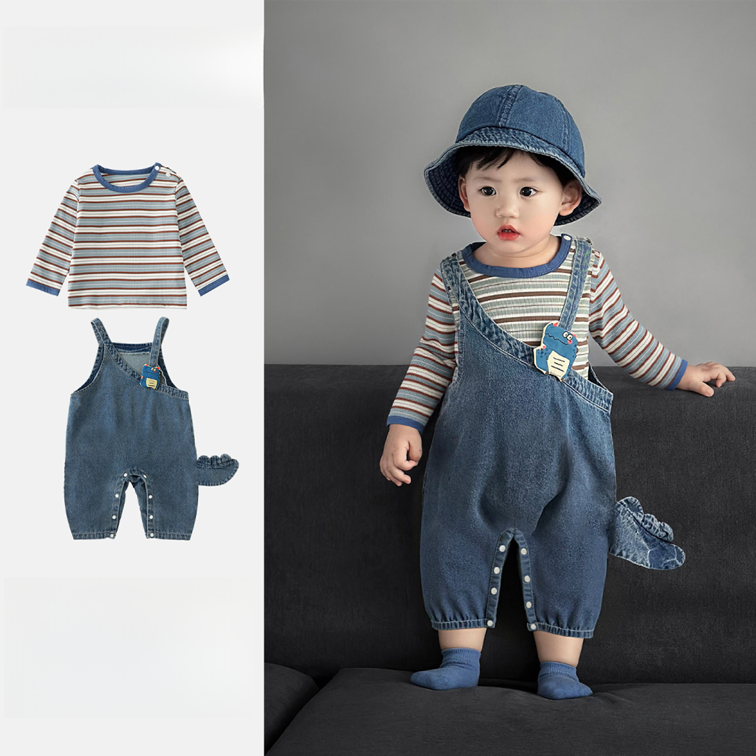 MK&UR.BV男宝宝衣服秋装婴儿连体春秋季可爱男婴秋款牛仔背带套装