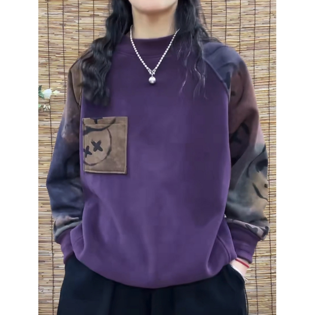 半高领插肩双面奥粒绒卫衣女秋冬新款H宽松休闲时尚印花百搭上衣