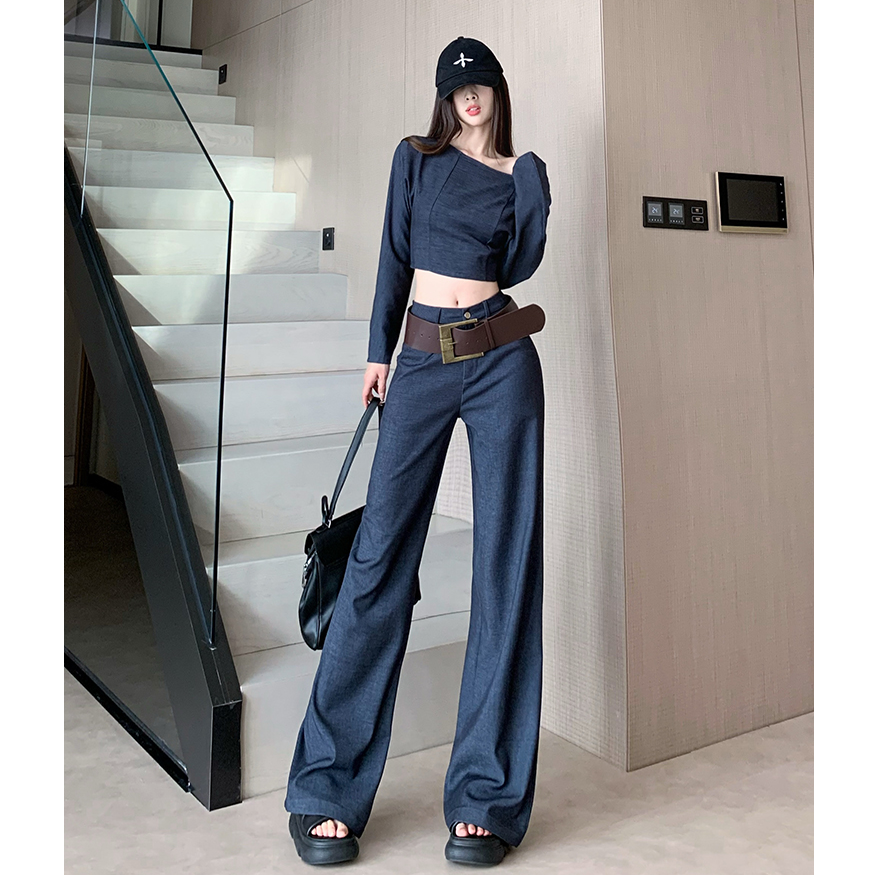 时尚套装设计感斜肩长袖衬衫上衣女秋季复古宽松阔腿休闲裤两件套