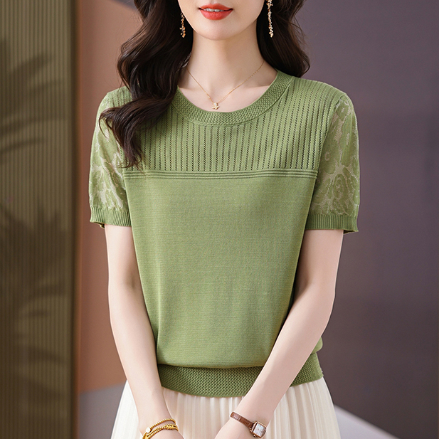 显瘦镂空天丝大码T恤女士纯色洋气时尚气质打底衫透气百搭短袖女