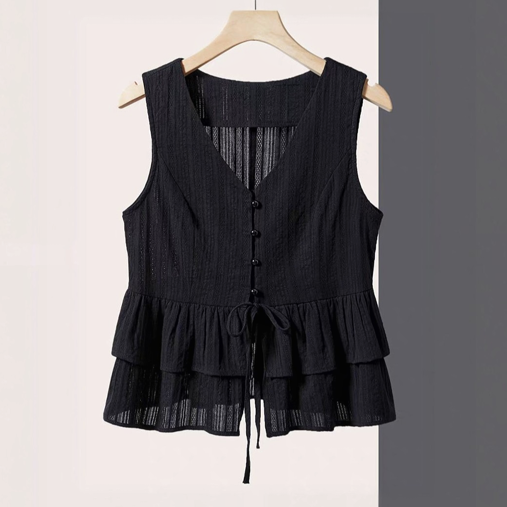 无袖衬衫2025夏装大码女装时尚V领荷叶边设计修身气质通勤衬衣