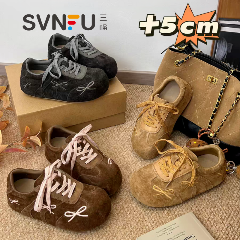 三福厚底内增高德训鞋女2025新款冬季大头阿甘鞋蝴蝶结休闲运动鞋