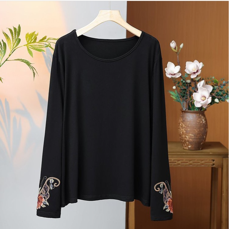 2025新款国风复古打底衫重工刺绣女士显瘦百搭长袖气质上衣