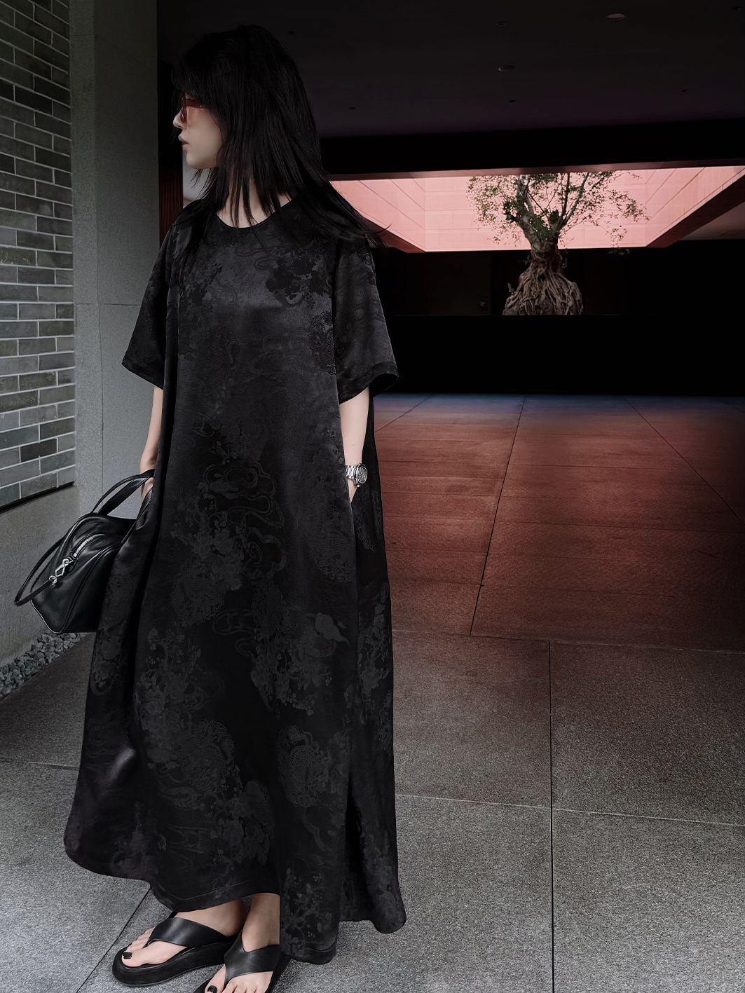 LA CALLA黑色提花T恤裙OY-MY5835