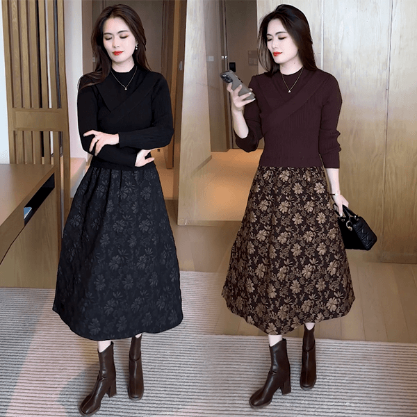 2025复古时尚显瘦高腰连衣裙春秋松紧腰秋装长袖碎花