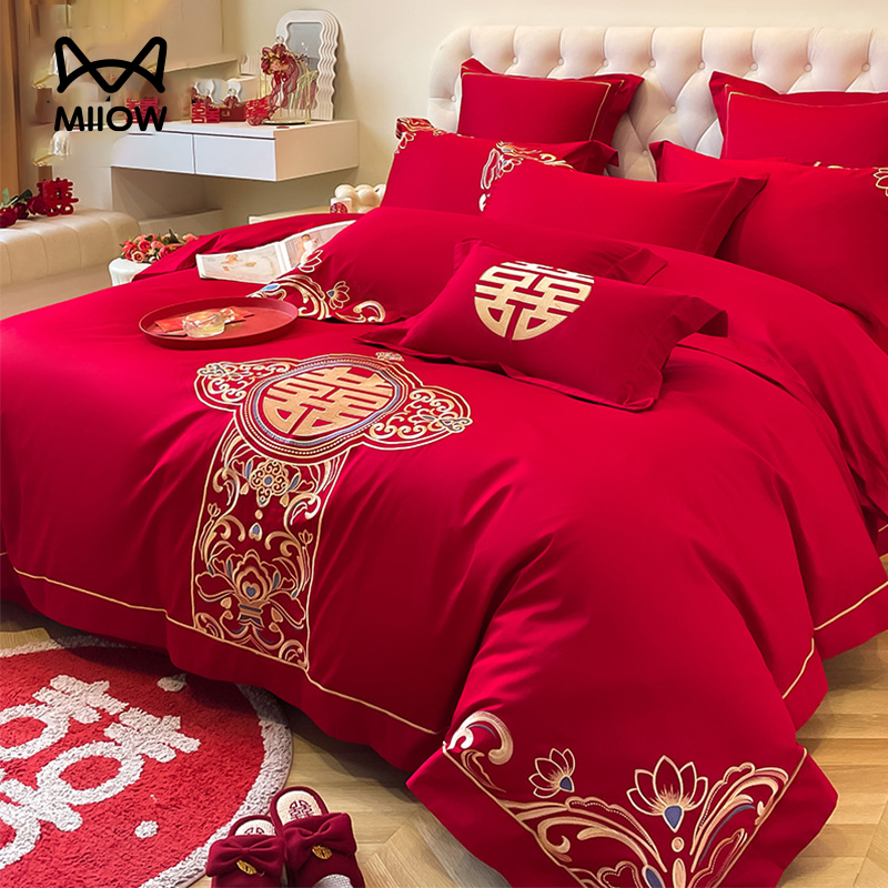 猫人中式婚庆刺绣床上四件套非全棉纯棉新婚红色婚房磨毛床单被套
