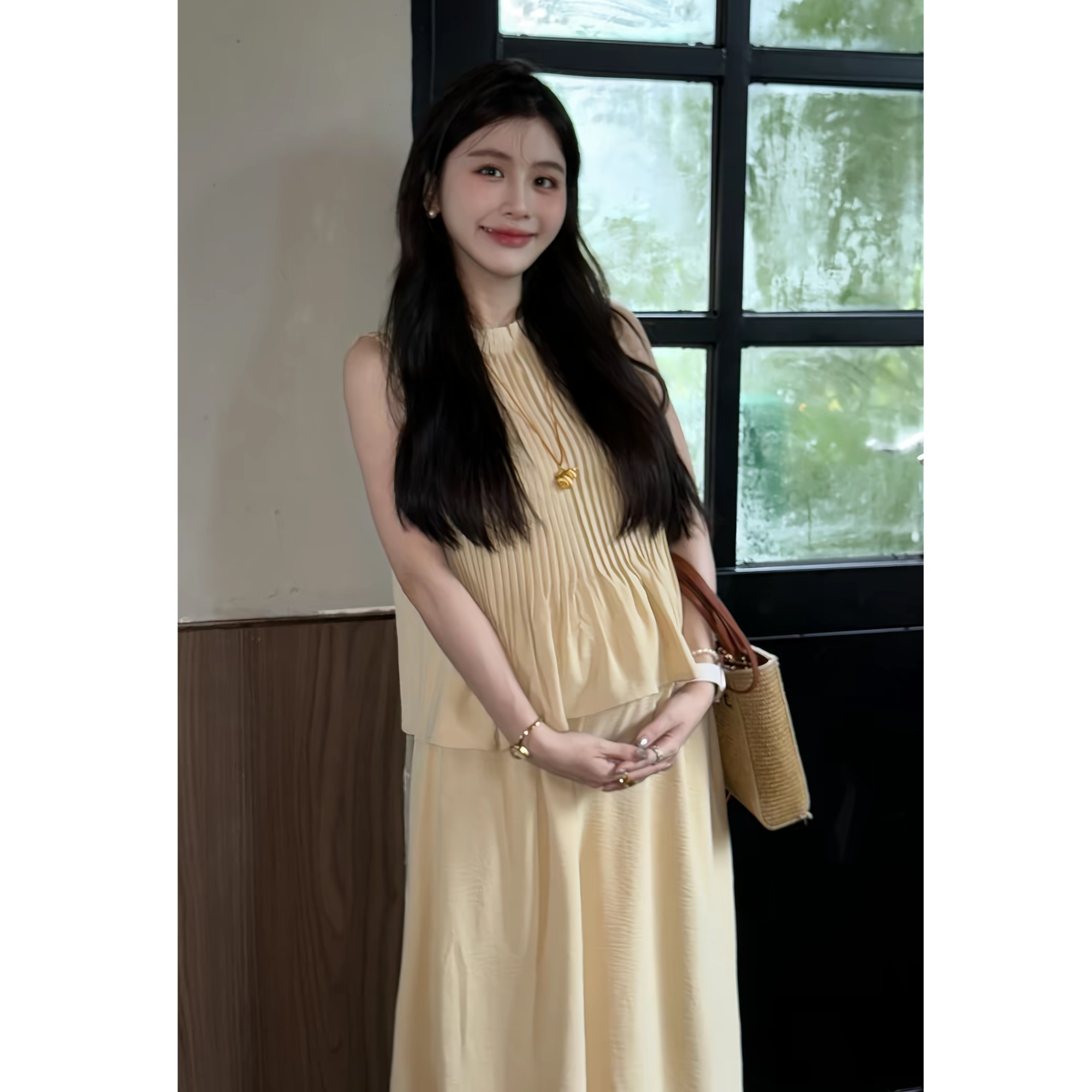 YPP!【素影】气质法式褶皱木耳边无袖/短袖上衣半身长裙套装