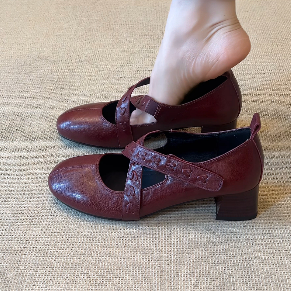 RubyL/4.5cm简约文艺复古风交叉带圆头浅口粗跟玛丽珍单鞋女款