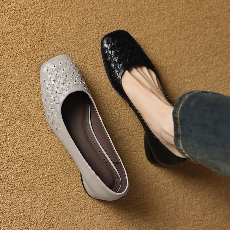 鞋子女款爆款2025新款法式浅口编织方头粗跟单鞋女夏出游百搭鞋子