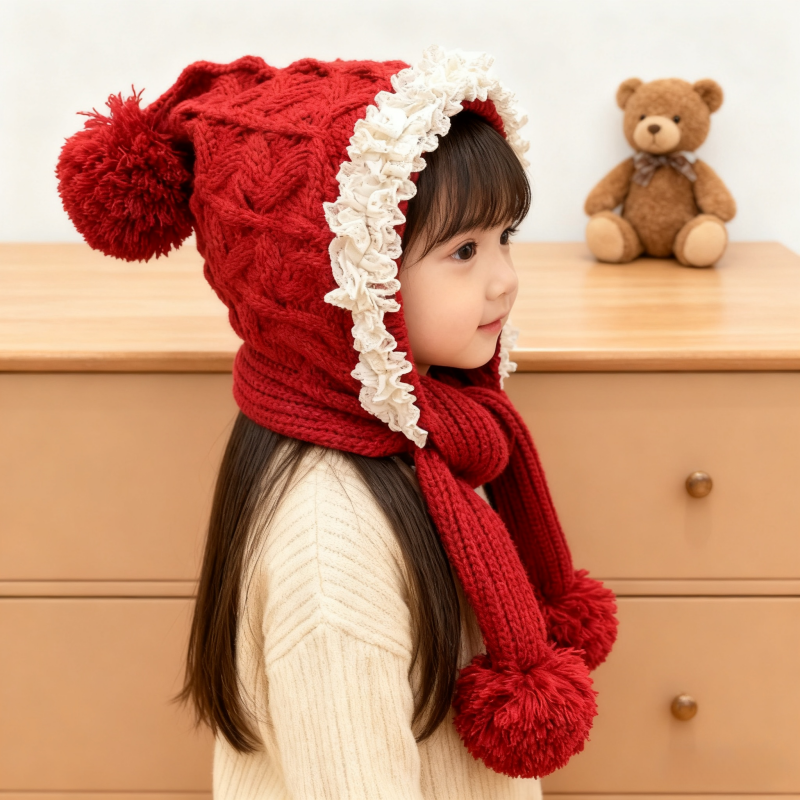 儿童防风针织一体帽冬季女童围脖加厚保暖甜美女孩宝宝毛线护耳帽