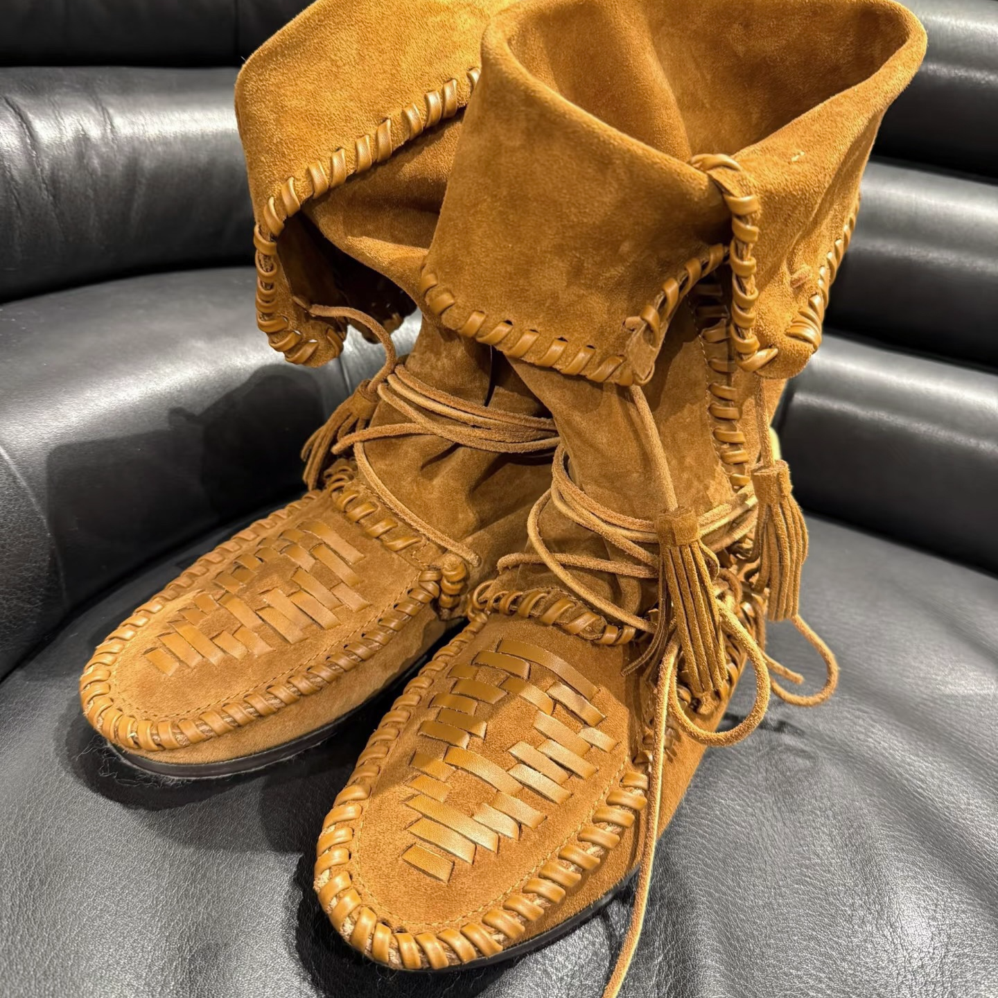 增高复古流苏绑带西部靴2025女夏季新款百搭显瘦靴筒可翻折堆堆靴