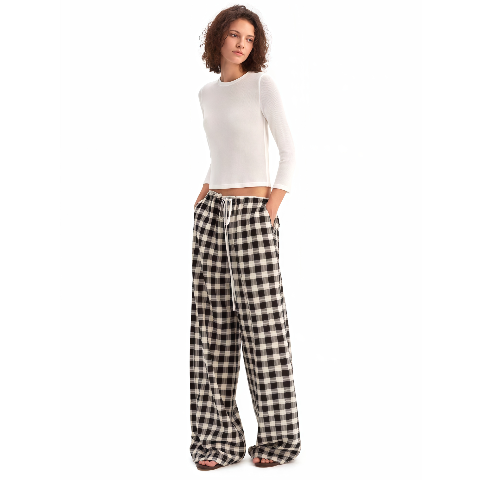 短款中袖肌理感透气软糯基础上衣/格纹休闲经典宽松亲肤阔腿长裤