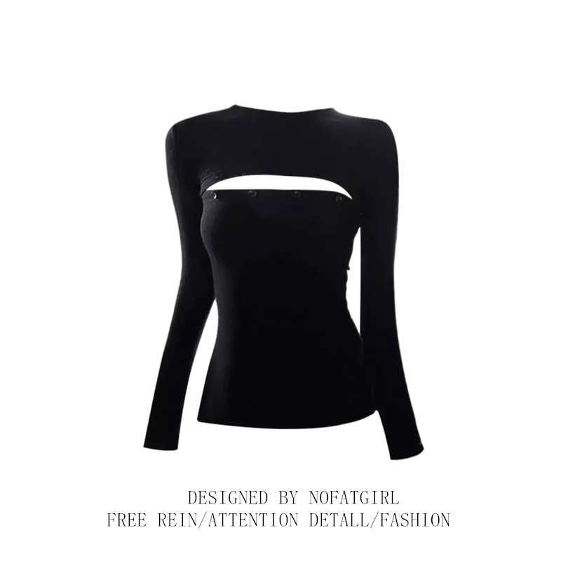 大码胖MM设计感辣妹镂空长袖T恤女2025新款独特别致修身内搭上衣