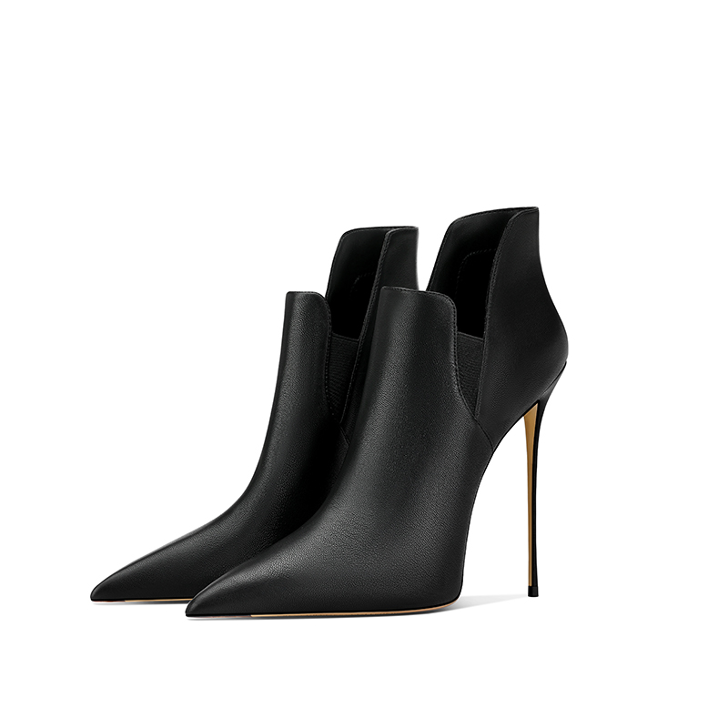 黑色短靴2025秋季新款尖头细跟深口高跟鞋单靴子女时尚通勤百搭OL