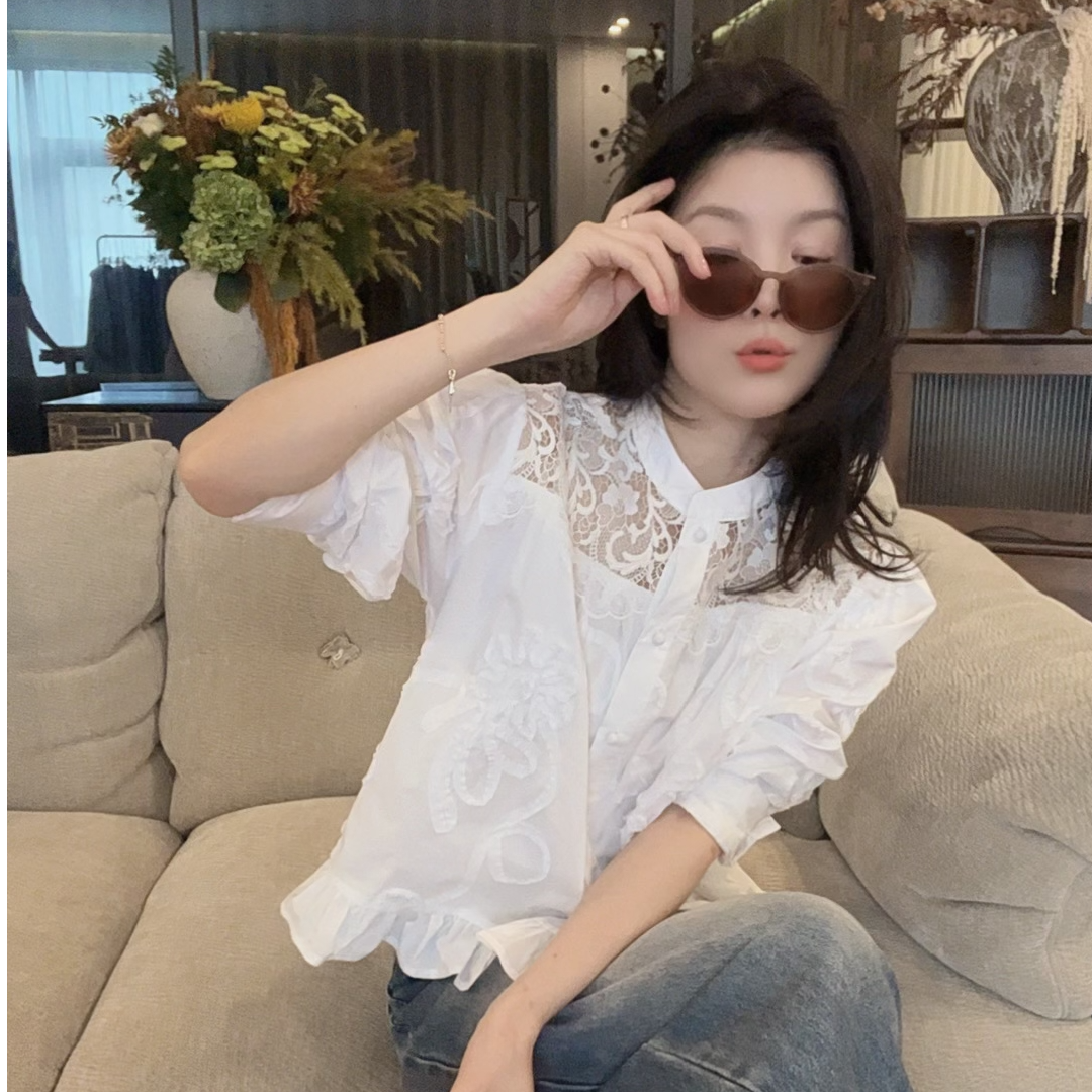 【悦悦专属】新款气质重工花朵荷叶边长袖衬衣Y872