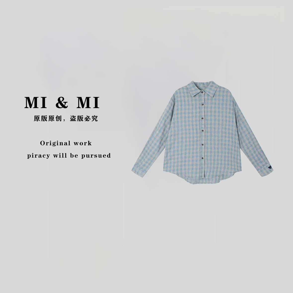 【米米服饰】2025小众设计极简风浅蓝色翻领格子衬衫 2502-381