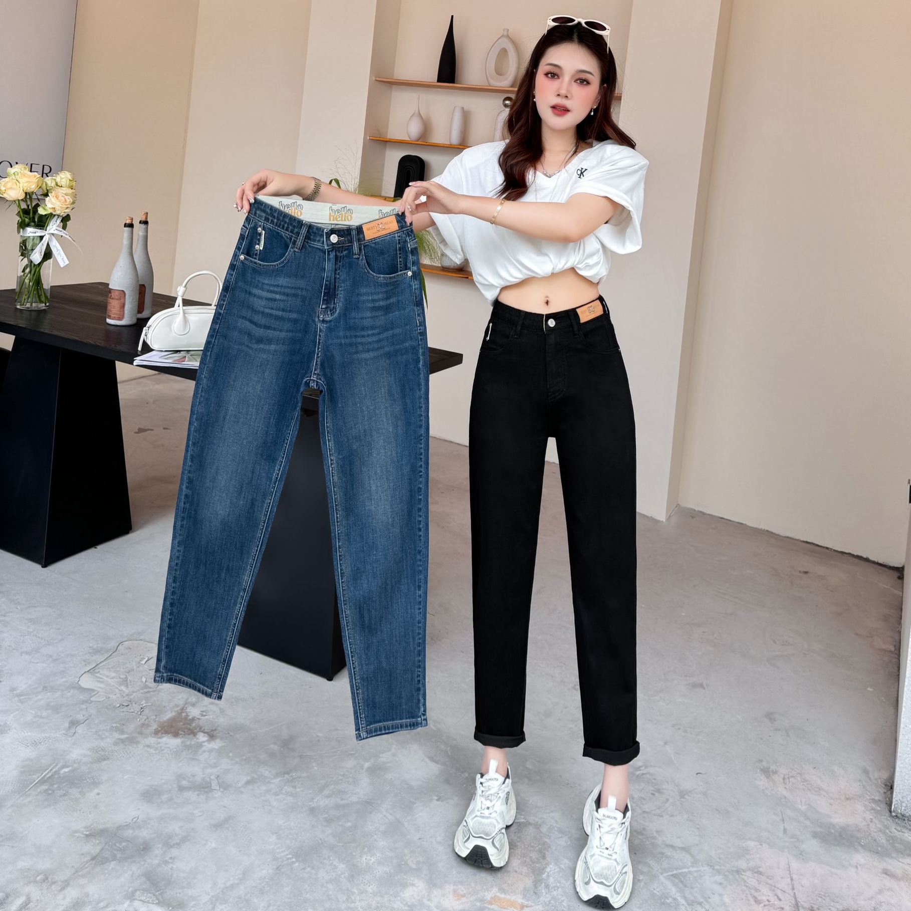 老爹哈伦牛仔裤女夏季超薄透气凉感舒适九分大码宽松弹力通勤裤子