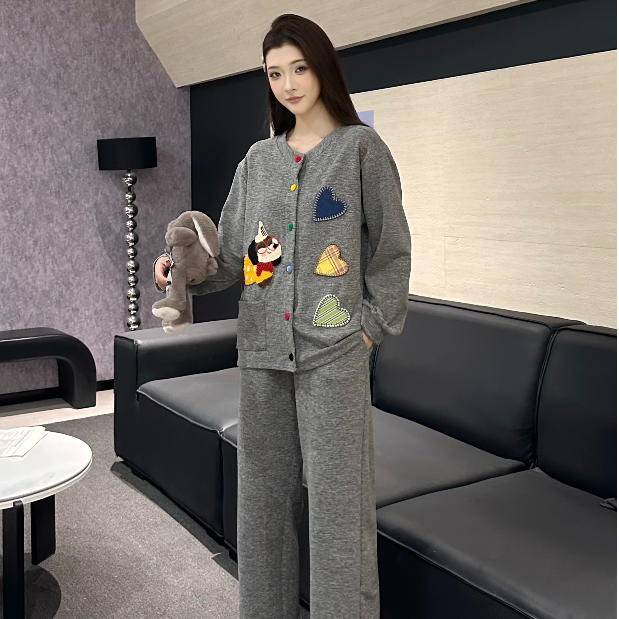 【李北北】秋冬双面绒蚕丝羊毛加厚宽松休闲长袖长裤家居服套装1171