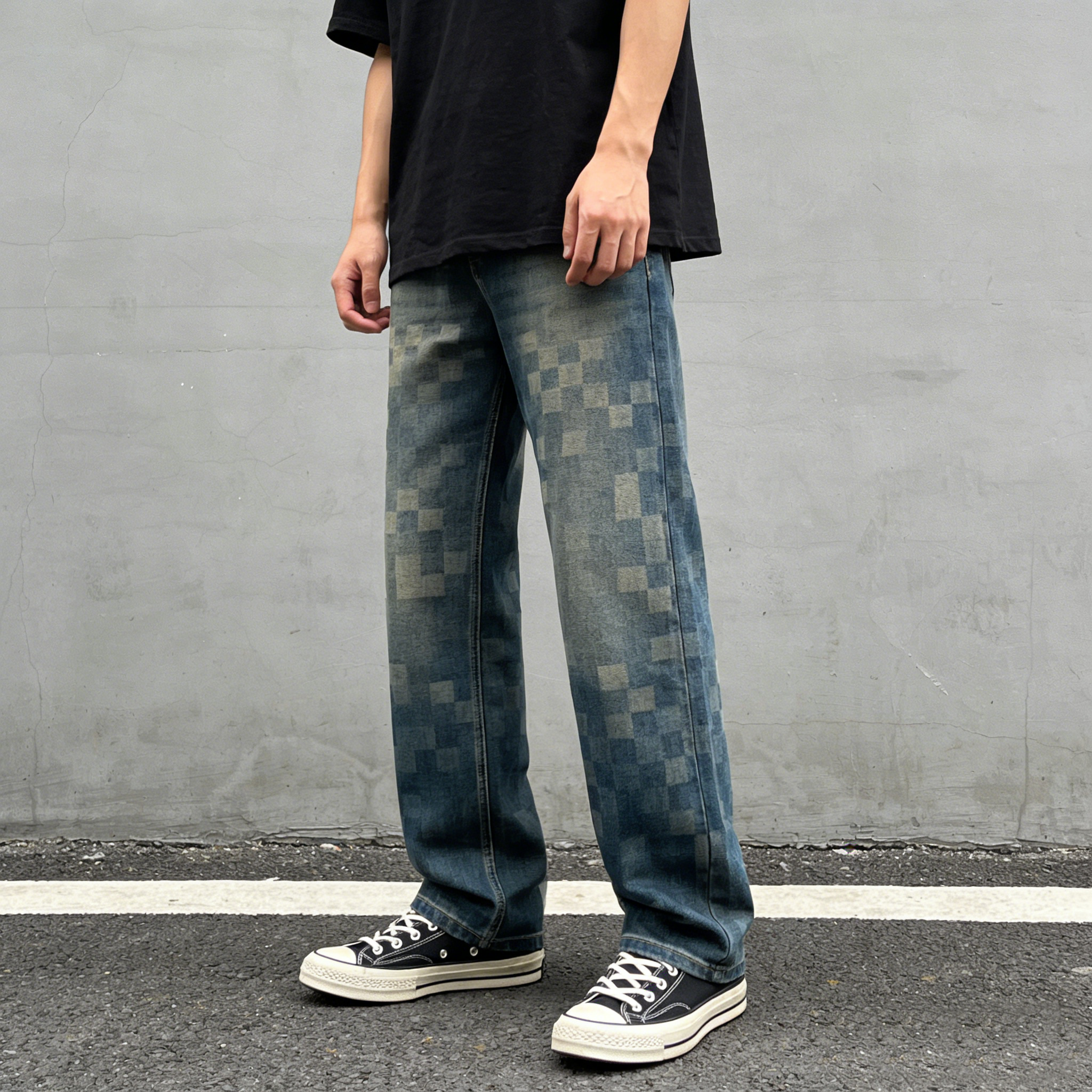 柏堡里撞色复古长裤拉链美式做旧垂感高弹宽松痞帅男士格子牛仔裤