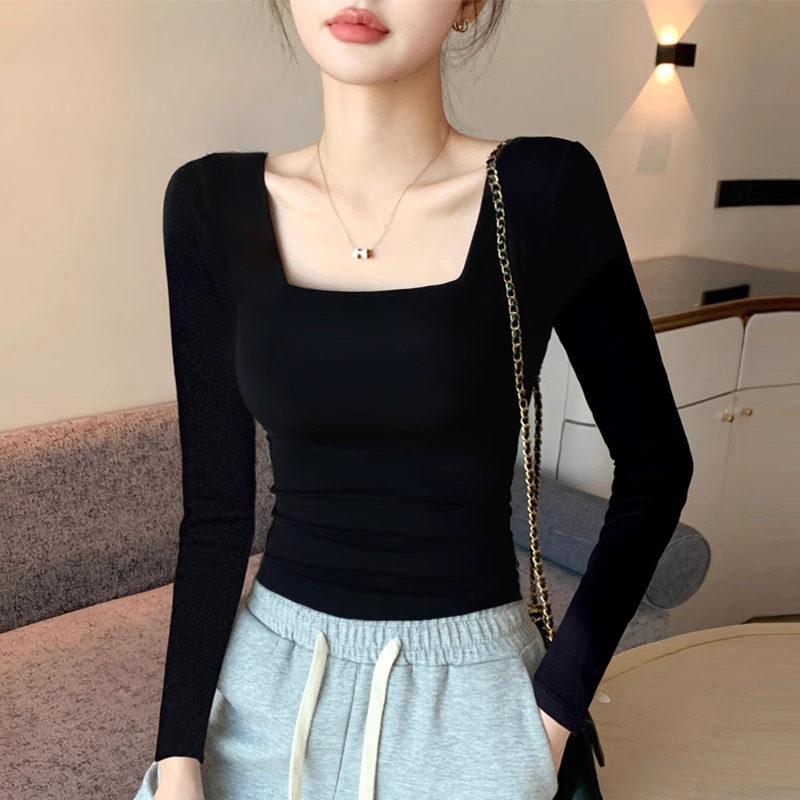 黑色方领打底衫女春夏秋季收腰正肩低领设计感修身长袖新款上衣