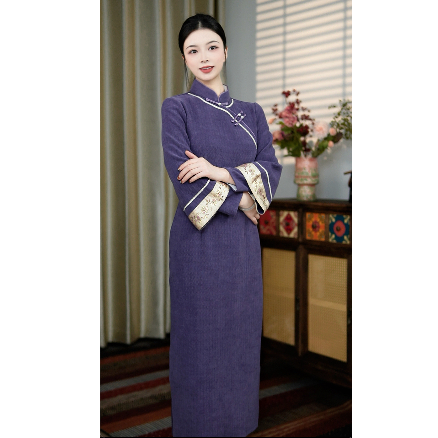 锦笙 |觅青123cm改良新中式长袖冬款拉链款日常年轻气质修身旗袍