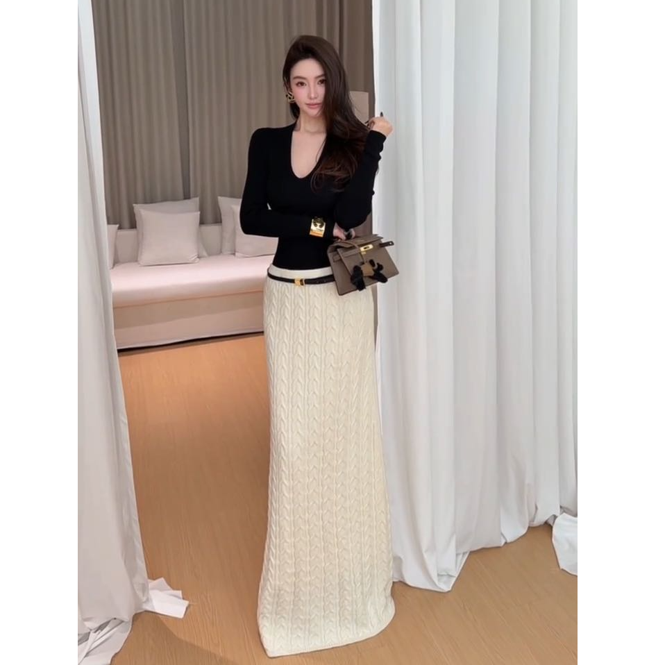 简约气质修身长袖上衣洋气休闲百搭气质显瘦性感辣妹半身裙两件套