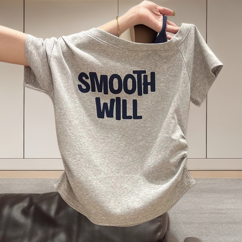 【ZHAP】斜肩吊带短袖t恤女露肩藏青色通勤百搭显瘦甜辣chic欧美风