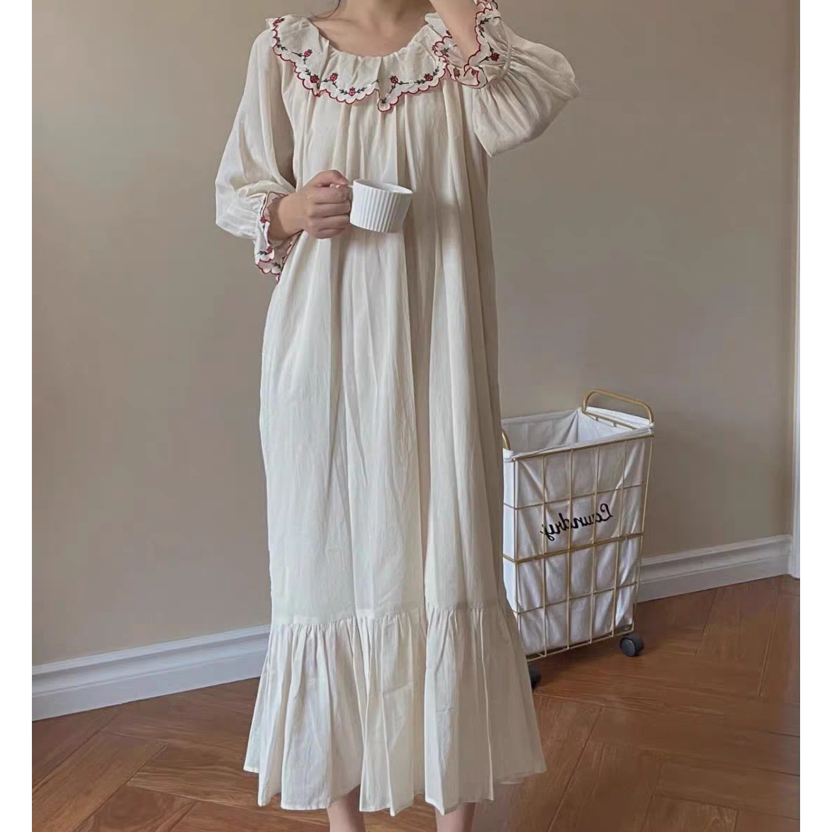 【白月光】韩系新款手工刺绣简版纯棉家居服女裙可外穿M600（达）