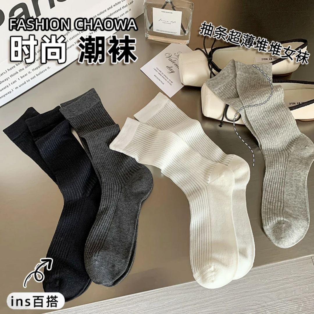 【4双装】2024春夏新款抽条超薄堆堆女袜纯棉不起球百搭神器ins柔软