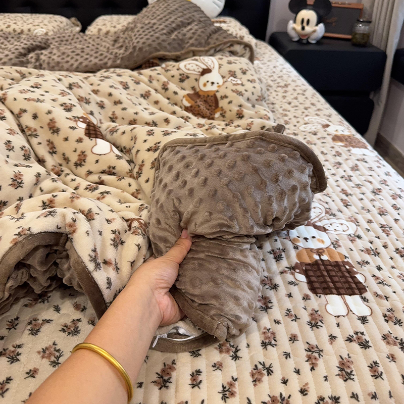 田园小碎花豆豆绒床盖款四件套可爱小兔冬季牛奶加绒被套床上用品