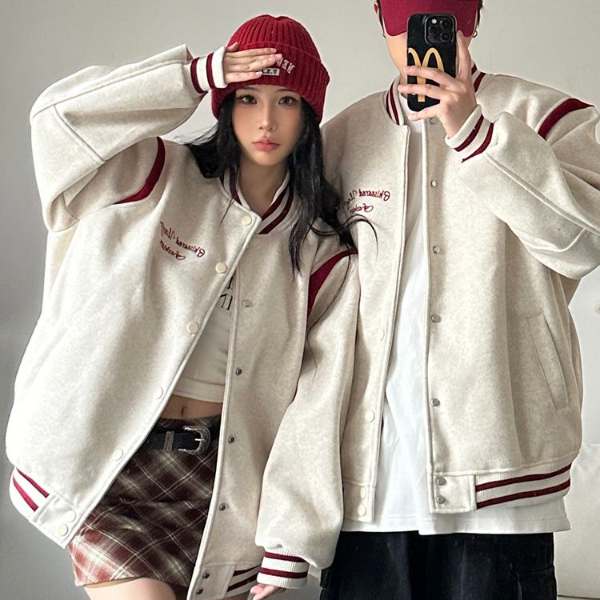 棒球服情侣装美式复古刺绣撞色毛呢男女秋冬款立领加厚夹克外套潮
