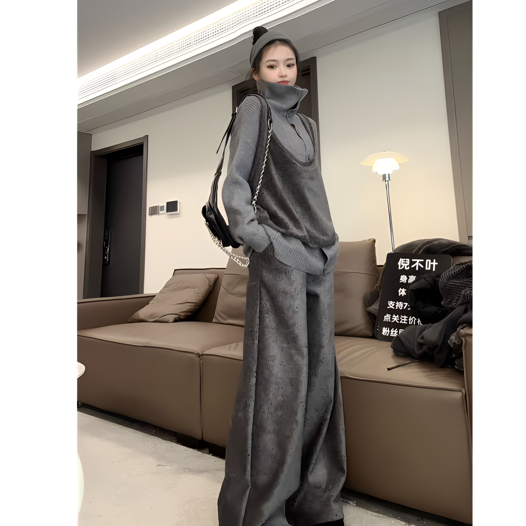 倪不叶【雪尼尔黑灰静奢套装】时尚百搭复古宽松通勤