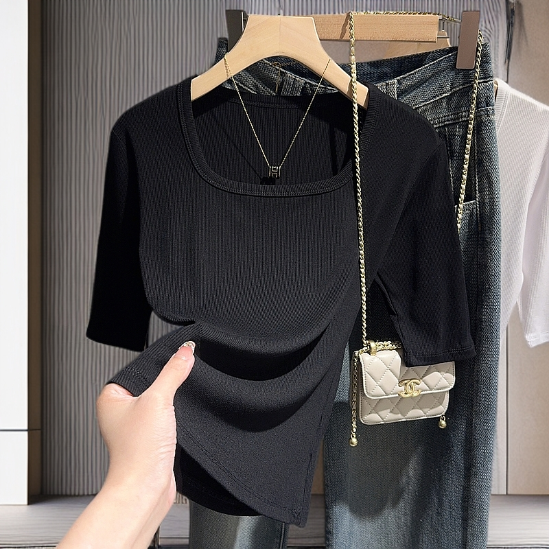 黑色螺纹方领中袖打底衫女内搭修身T恤显瘦气质五分袖洋气上衣服
