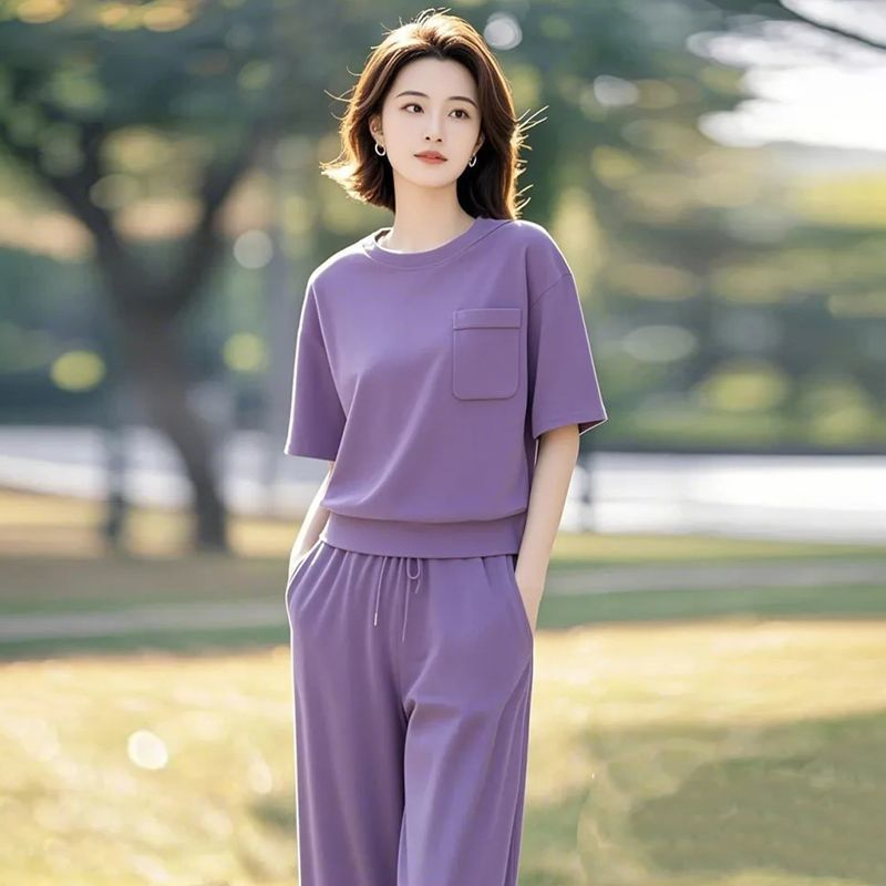2025女装夏季新款时尚休闲高级紫色两件套装宽松短袖显瘦气质网红