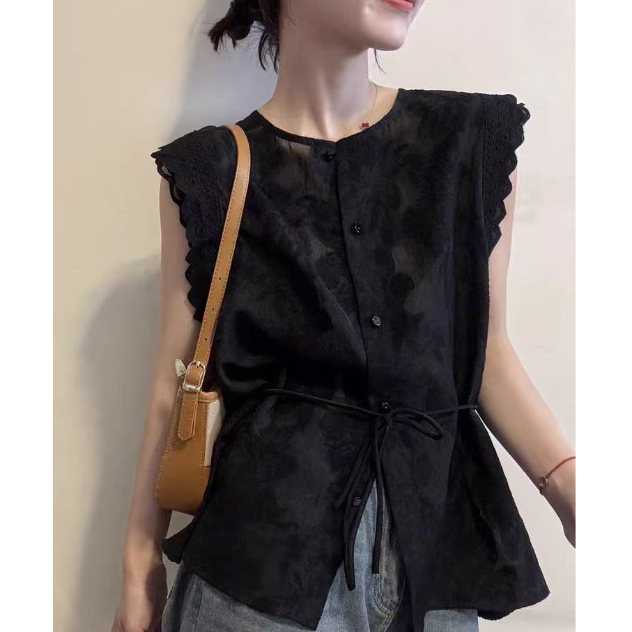 夏季新款气质百搭休闲显瘦设计感提花暗纹背心无袖衬衫女款上衣